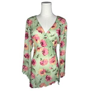 Vintage Fashion Bug Floral Surplice Asymmetrical Bell Sleeve Top Fairycore Y2K